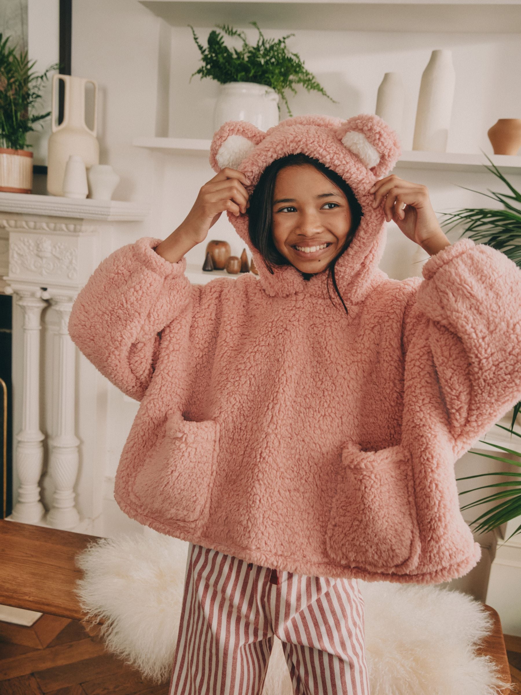 Buy Pink Borg Bear Ears Hooded Blanket Cropped (3-16yrs) from the