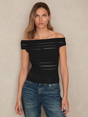 Reiss Black Alessia Bardot Open-Knit Top - Image 1 of 6