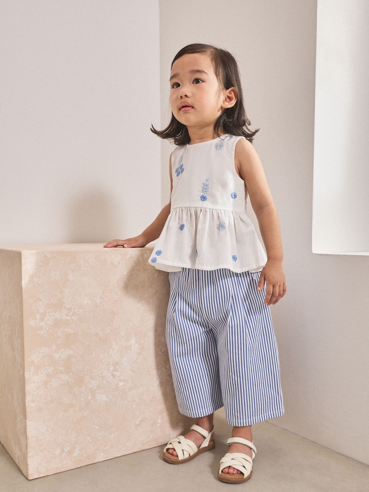 Blue/White Embroidered Blouse and Trousers Co-ord Set (3mths-8yrs) - Image 1 of 4