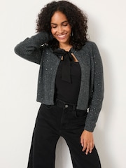 FatFace Jasmine Charcoal Grey Sparkle Tie Front Knitted Cardigan - Image 1 of 5