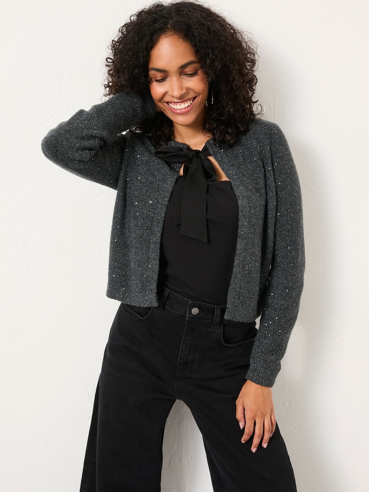 FatFace Jasmine Charcoal Grey Sparkle Tie Front Knitted Cardigan - Image 1 of 5