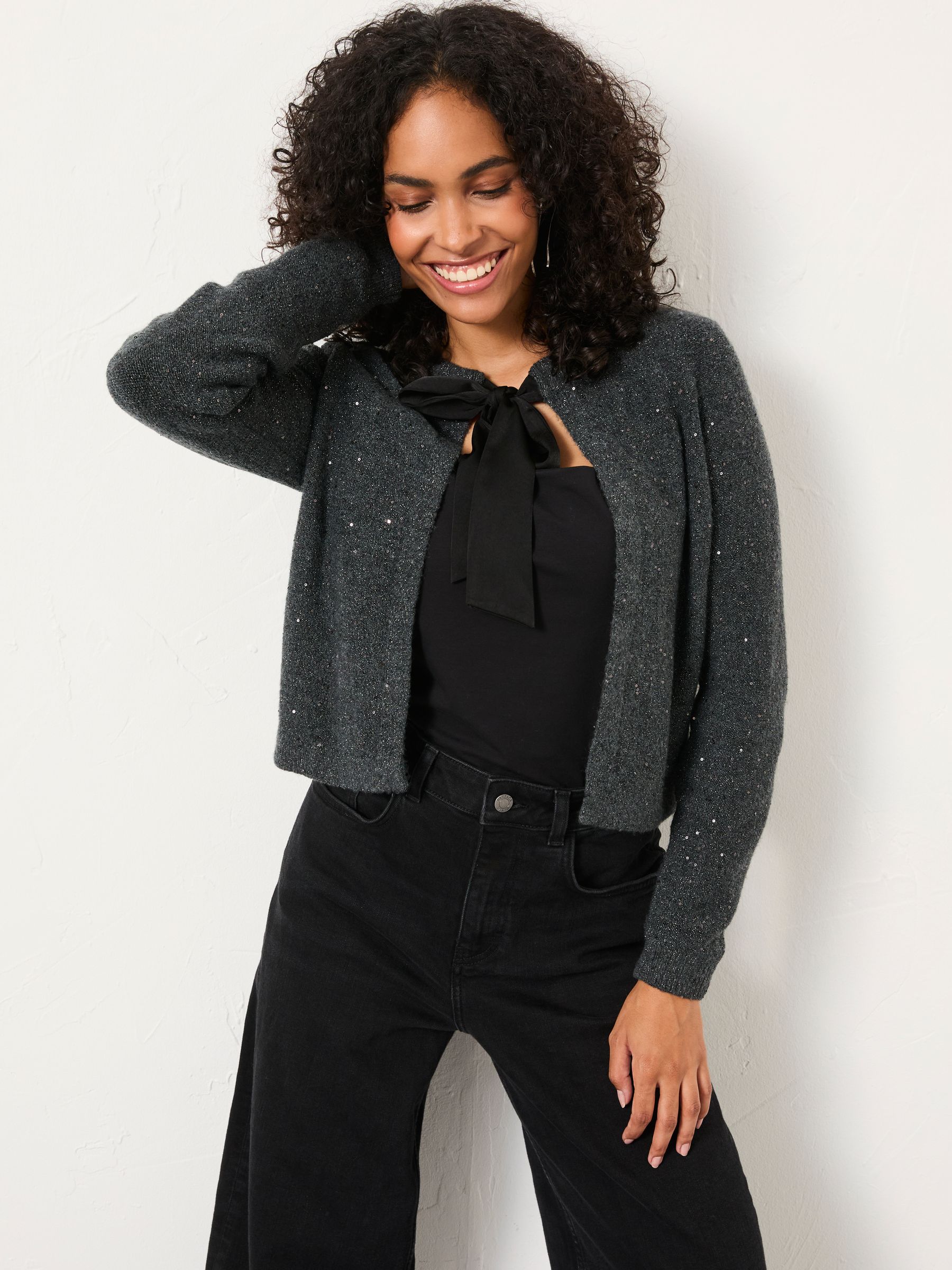 Fat Face Women's Charcoal Grey Fatface Jasmine Sparkle Tie Front Knitted Cardigan