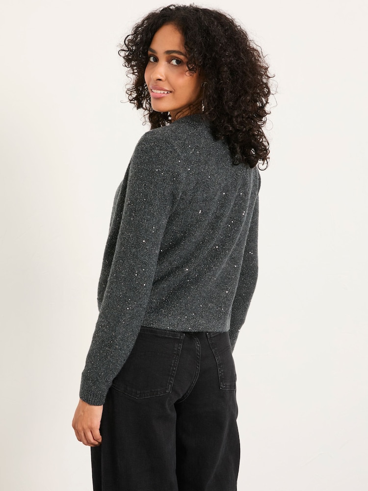 FatFace Jasmine Charcoal Grey Sparkle Tie Front Knitted Cardigan - Image 2 of 5