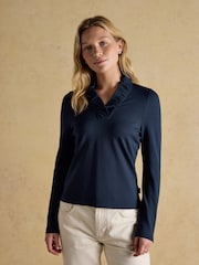 Joules Heidi Navy Frill Neck Jersey Fitted Top - Image 1 of 6