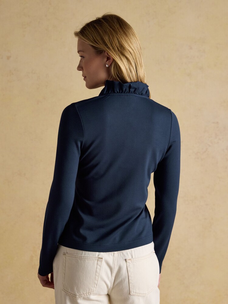 Joules Heidi Navy Frill Neck Jersey Fitted Top - Image 2 of 6