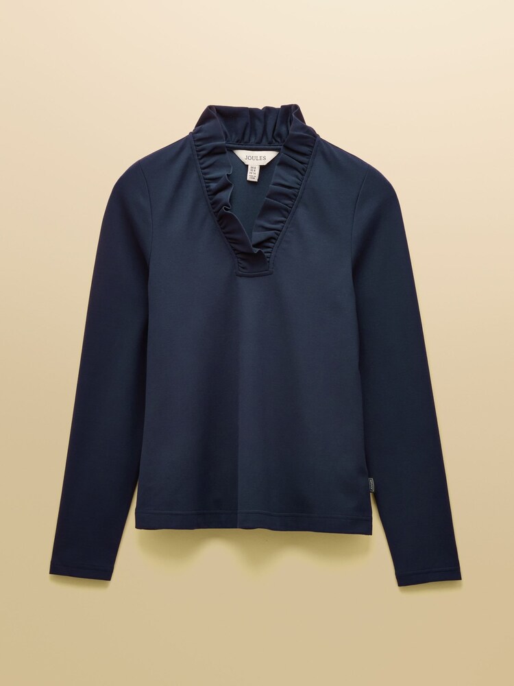 Joules Heidi Navy Frill Neck Jersey Fitted Top - Image 6 of 6