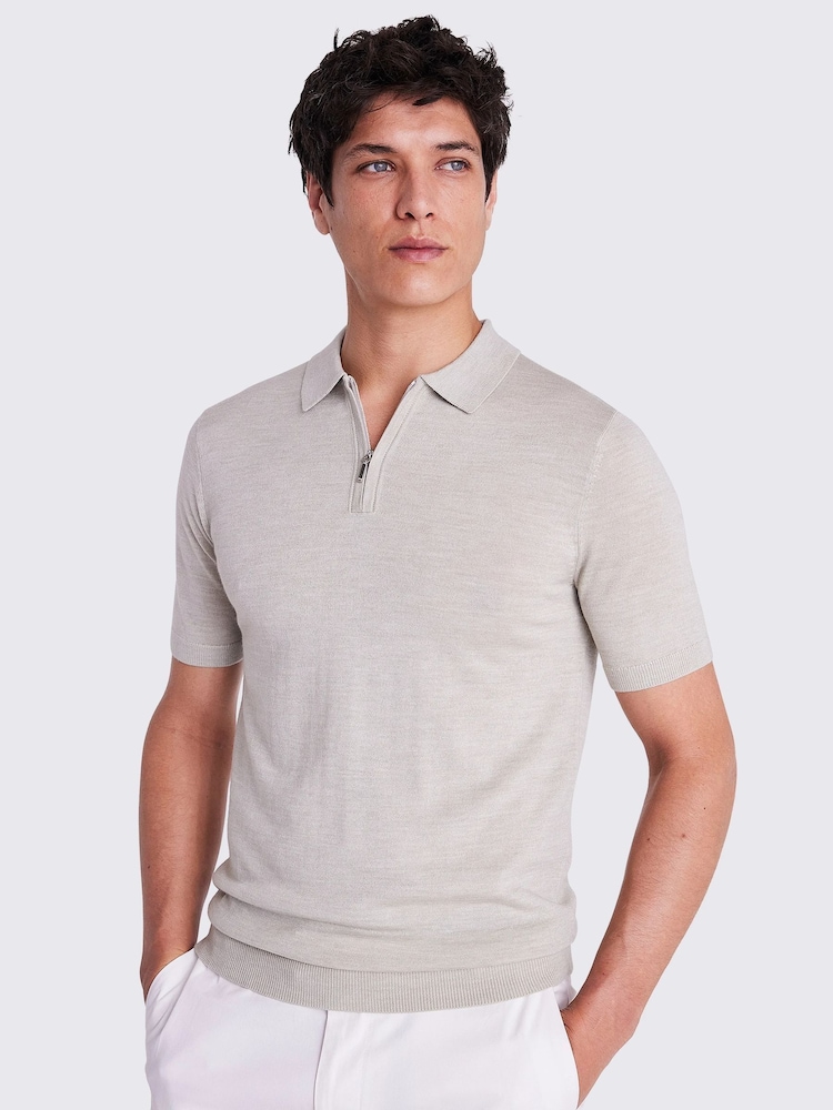 MOSS Grey Light Merino Quarter Zip Polo Shirt - Image 1 of 5