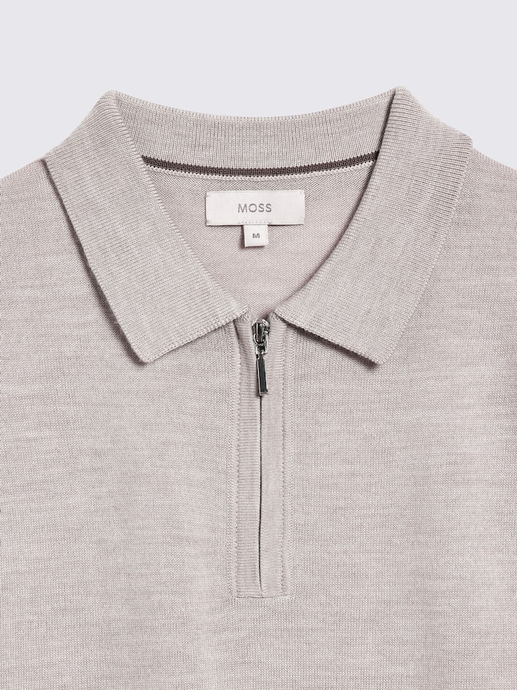 MOSS Grey Light Merino Quarter Zip Polo Shirt - Image 5 of 5