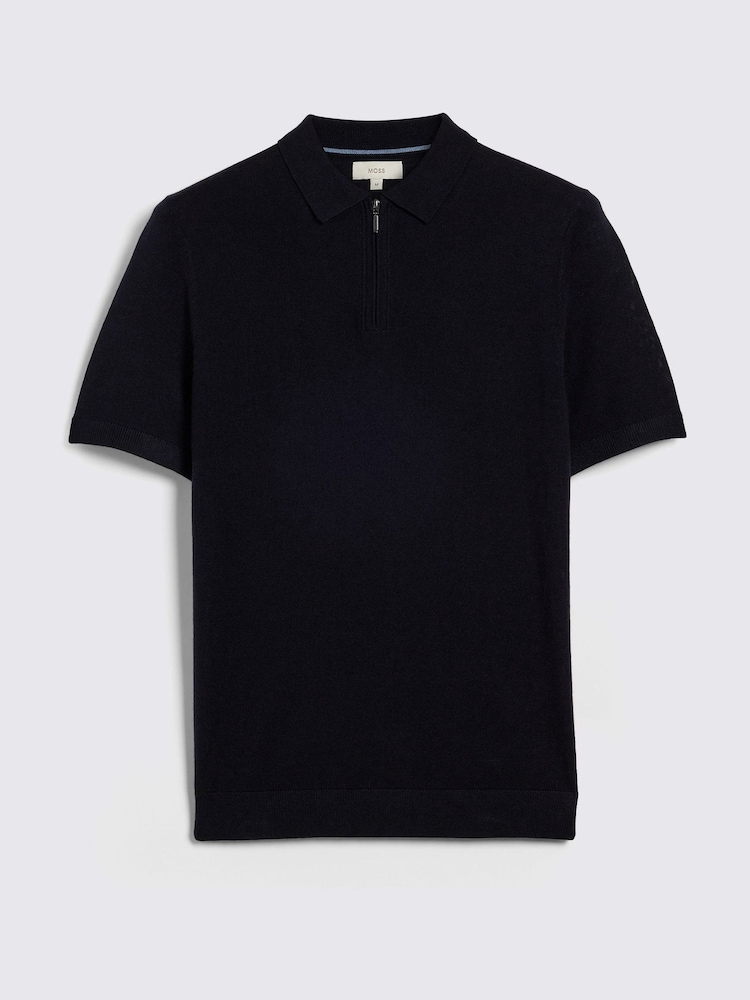 MOSS Blue Light Merino Quarter Zip Polo Shirt - Image 4 of 5