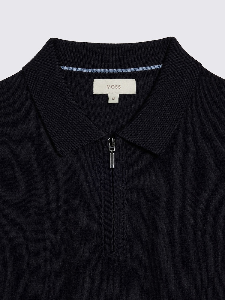 MOSS Blue Light Merino Quarter Zip Polo Shirt - Image 5 of 5