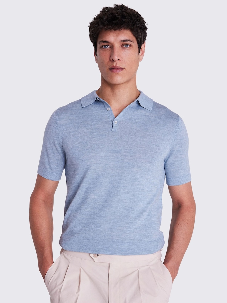 MOSS Blue Merino Knitted Polo Shirt - Image 1 of 5