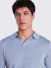 MOSS Blue Merino Knitted Polo Shirt - Image 3 of 5