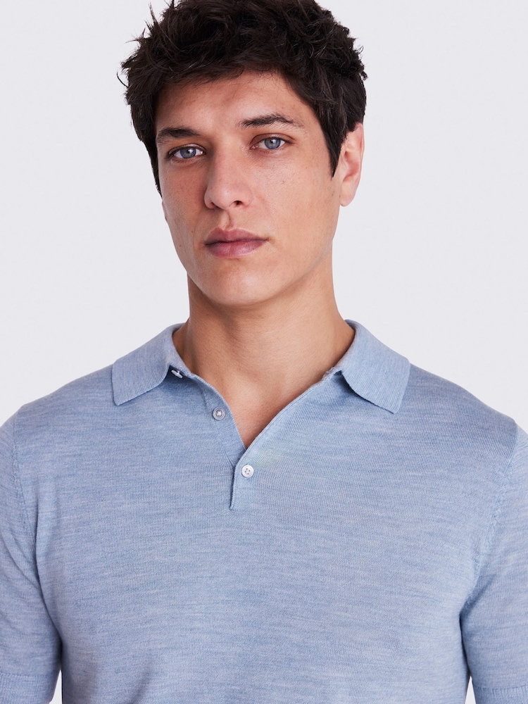 MOSS Blue Merino Knitted Polo Shirt - Image 3 of 5