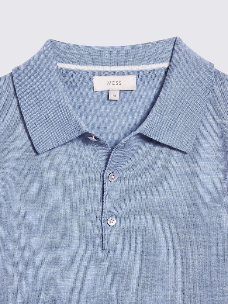 MOSS Blue Merino Knitted Polo Shirt - Image 5 of 5