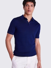 MOSS Blue Light Merino Knitted Polo Shirt - Image 1 of 5