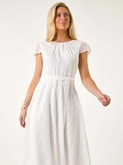 Roman White Petite Gathered Neck Jacquard Dress - Image 1 of 4