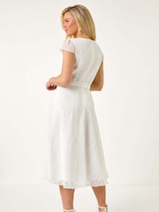 Roman White Petite Gathered Neck Jacquard Dress - Image 2 of 4