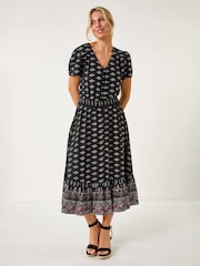 Roman Black Petite Geo Print Border Midi Dress - Image 2 of 5