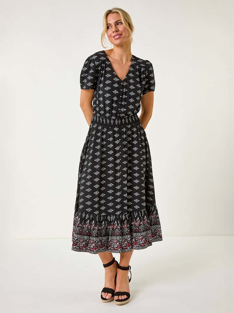 Roman Black Petite Geo Print Border Midi Dress - Image 2 of 5