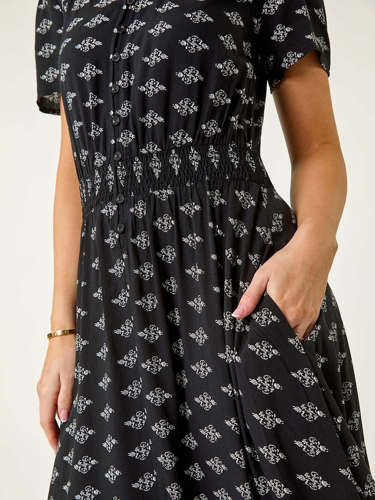 Roman Black Petite Geo Print Border Midi Dress - Image 5 of 5