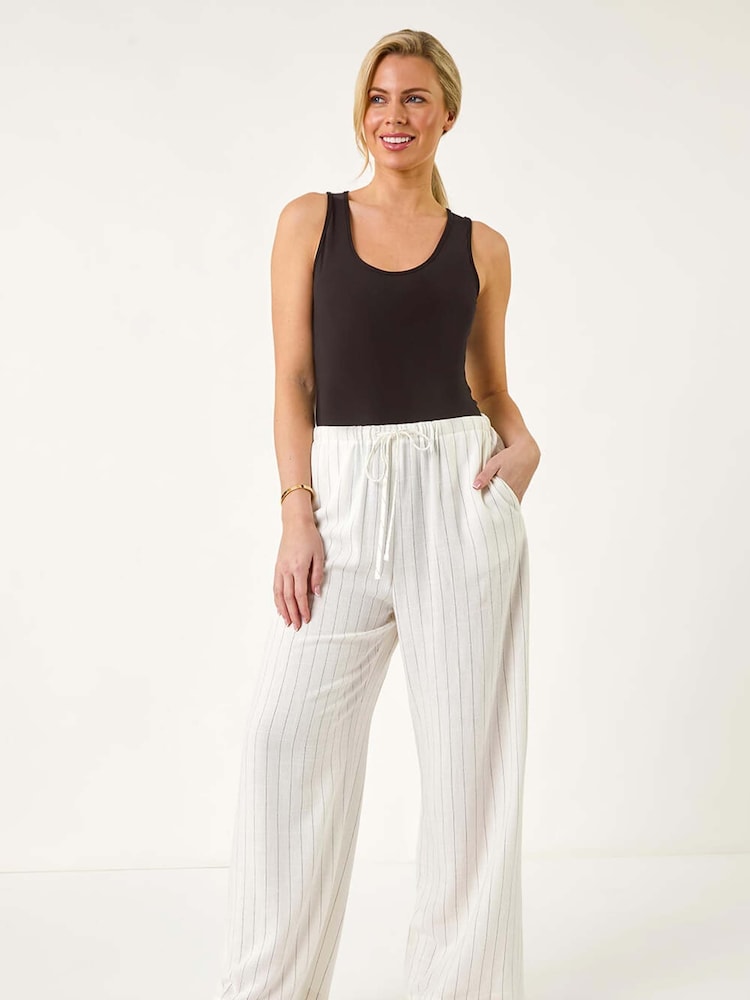 Roman White Petite Linen Elastic Waist Trousers - Image 2 of 5