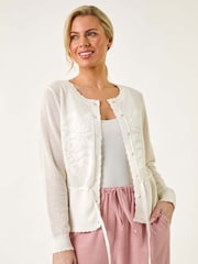 Roman White Petite Floral Button Up 100% Cotton Cardigan - Image 3 of 5