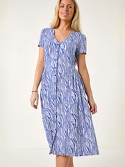 Roman Blue Petite Shirred Waist Button Dress - Image 1 of 5