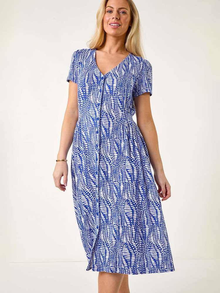 Roman Blue Petite Shirred Waist Button Dress - Image 1 of 5