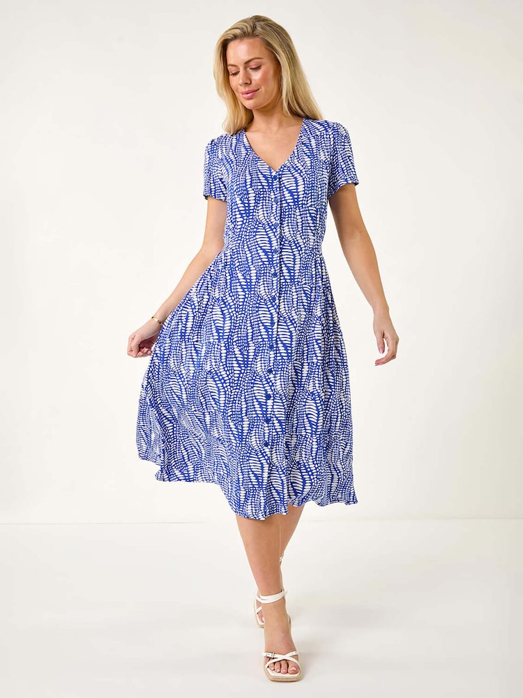 Roman Blue Petite Shirred Waist Button Dress - Image 2 of 5