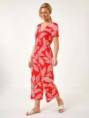 Roman Pink Petite Leaf Print Stretch Jumpsuit - Image 1 of 5