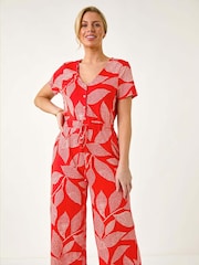Roman Pink Petite Leaf Print Stretch Jumpsuit - Image 2 of 5