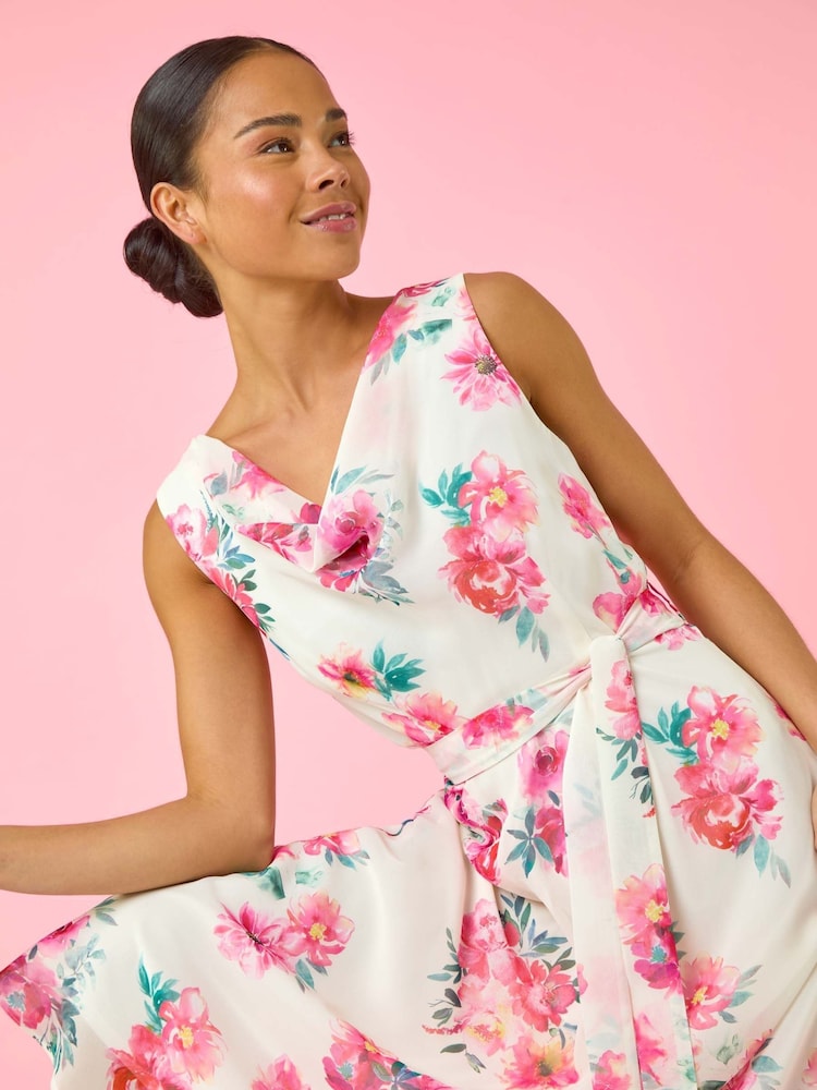 Roman White Petite Floral Cowl Neck Midi Dress - Image 1 of 5