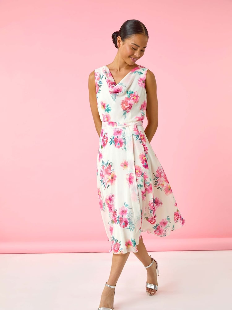 Roman White Petite Floral Cowl Neck Midi Dress - Image 2 of 5