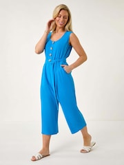 Roman Blue Petite Linen Button Front Jumpsuit - Image 1 of 5