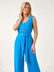 Roman Blue Petite Linen Button Front Jumpsuit - Image 2 of 5