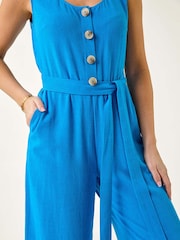 Roman Blue Petite Linen Button Front Jumpsuit - Image 5 of 5