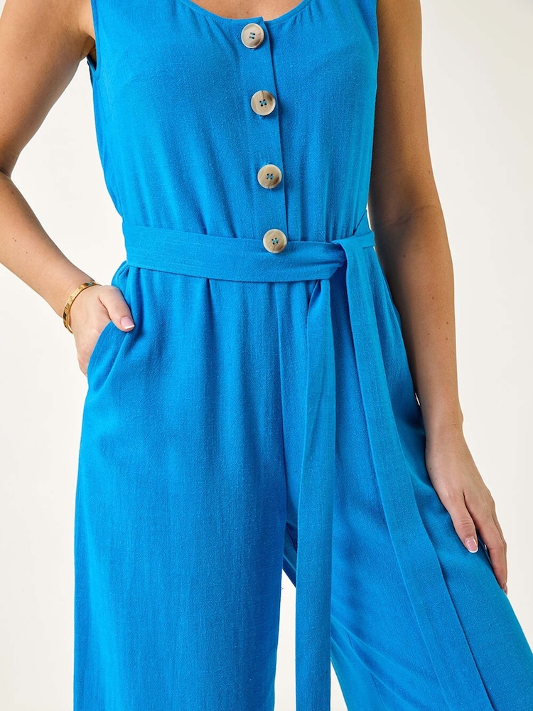 Roman Blue Petite Linen Button Front Jumpsuit - Image 5 of 5