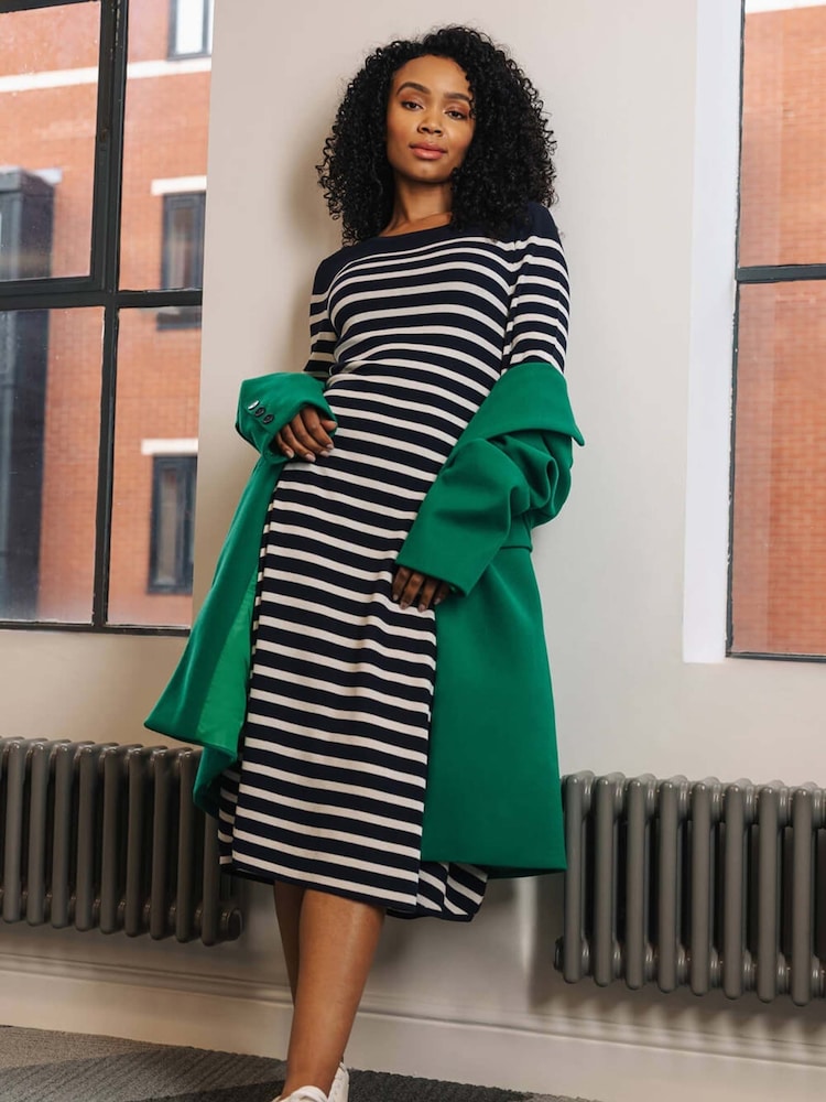 Roman Blue Petite Stripe Knitted Midi Dress - Image 1 of 7