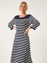 Roman Blue Petite Stripe Knitted Midi Dress - Image 3 of 7