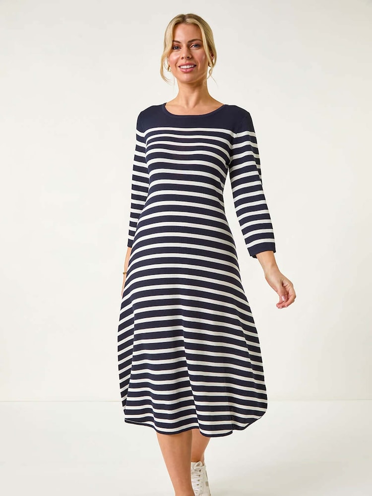 Roman Blue Petite Stripe Knitted Midi Dress - Image 4 of 7