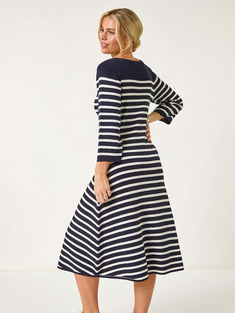 Roman Blue Petite Stripe Knitted Midi Dress - Image 5 of 7