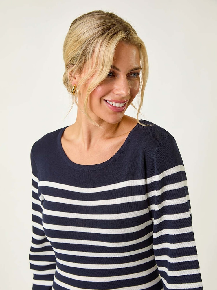 Roman Blue Petite Stripe Knitted Midi Dress - Image 6 of 7