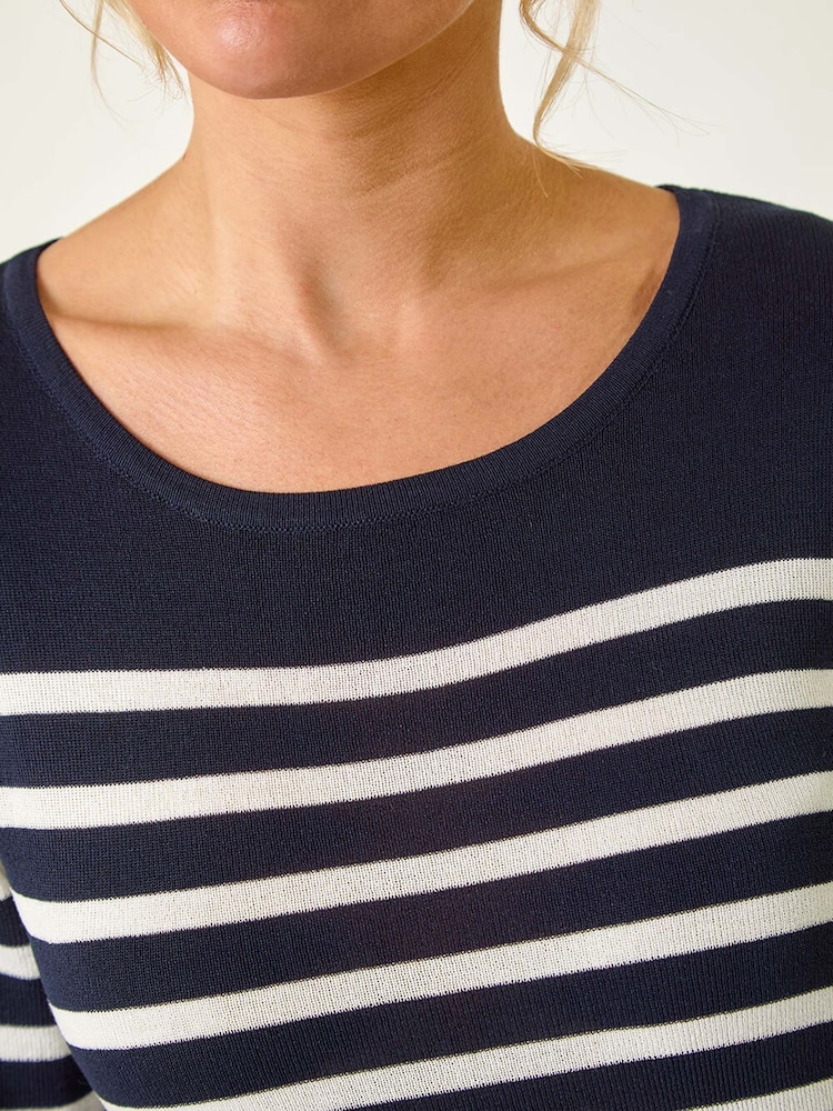 Roman Blue Petite Stripe Knitted Midi Dress - Image 7 of 7