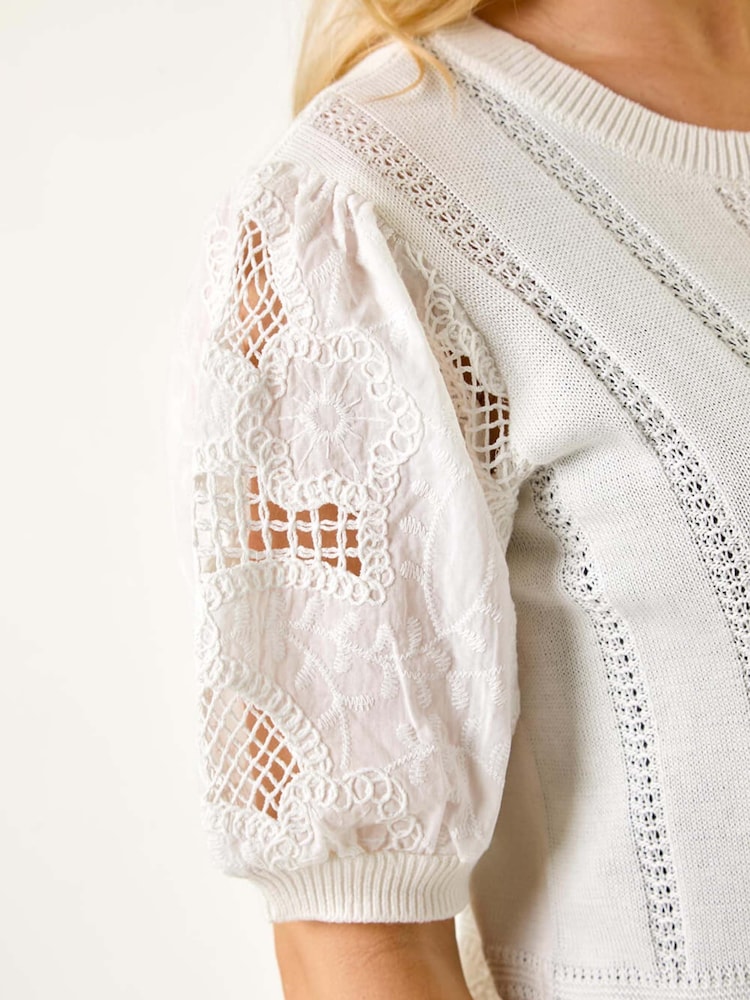 Roman White Petite Embroidered Sleeve Cardigan - Image 5 of 5 Roman White Petite Embroidered Sleeve Cardigan - Image 5 of 5