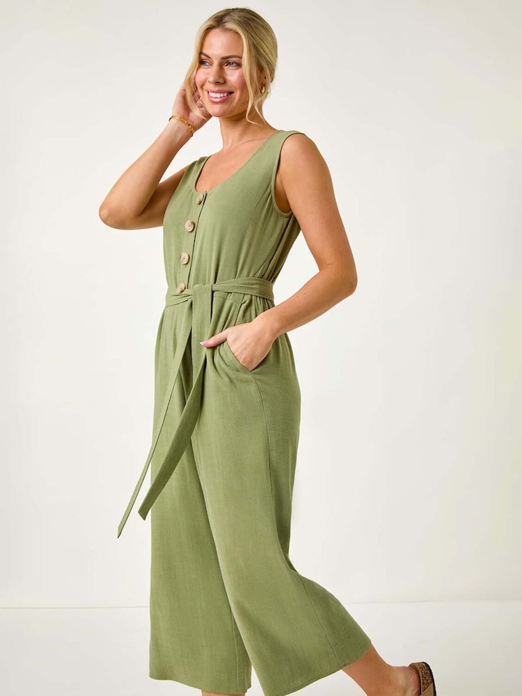 Roman Green Petite Linen Button Front Jumpsuit - Image 1 of 5