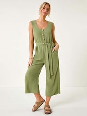 Roman Green Petite Linen Button Front Jumpsuit - Image 2 of 5