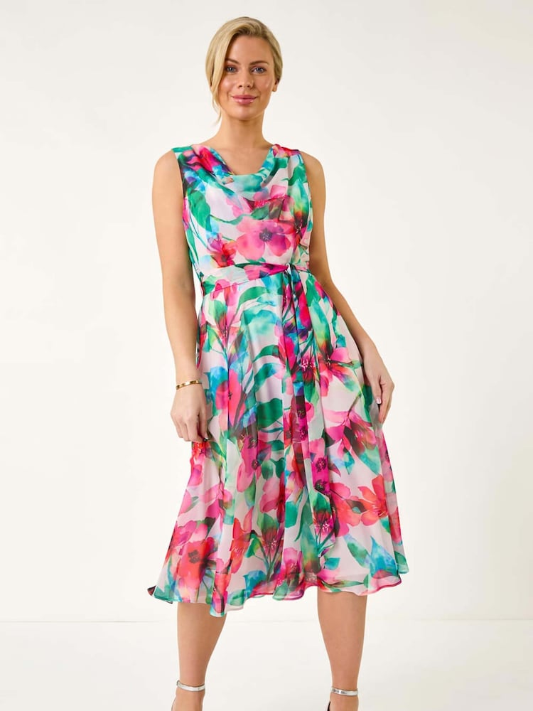 Roman Pink Petite Floral Cowl Neck Midi Dress - Image 2 of 5