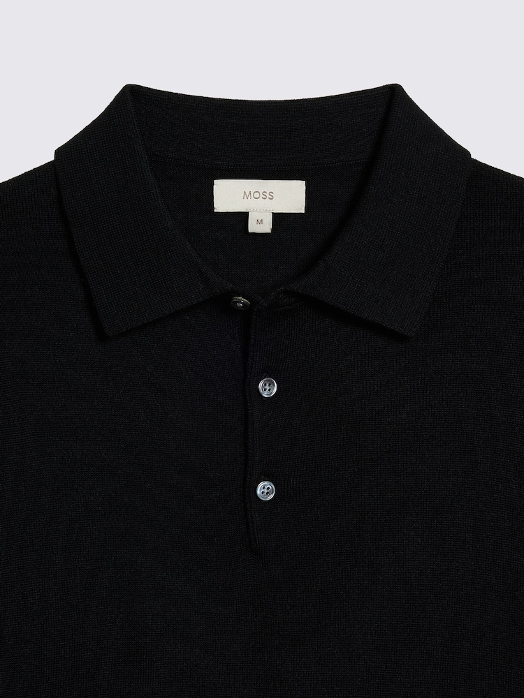 MOSS Black Merino Knitted Polo Shirt - Image 5 of 5