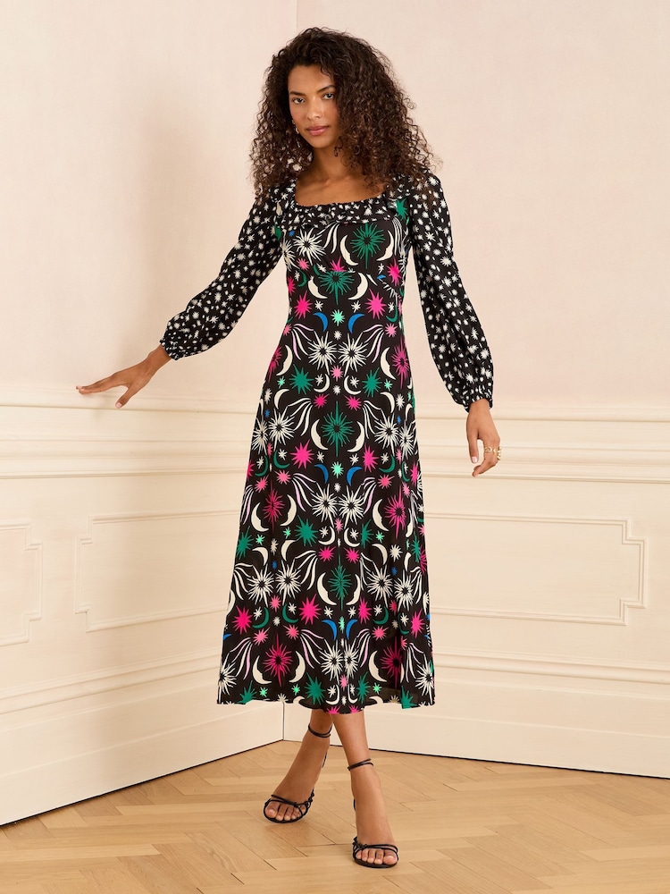 Love & Roses Black Star Printed Ruffle Midi Dress - Image 1 of 4