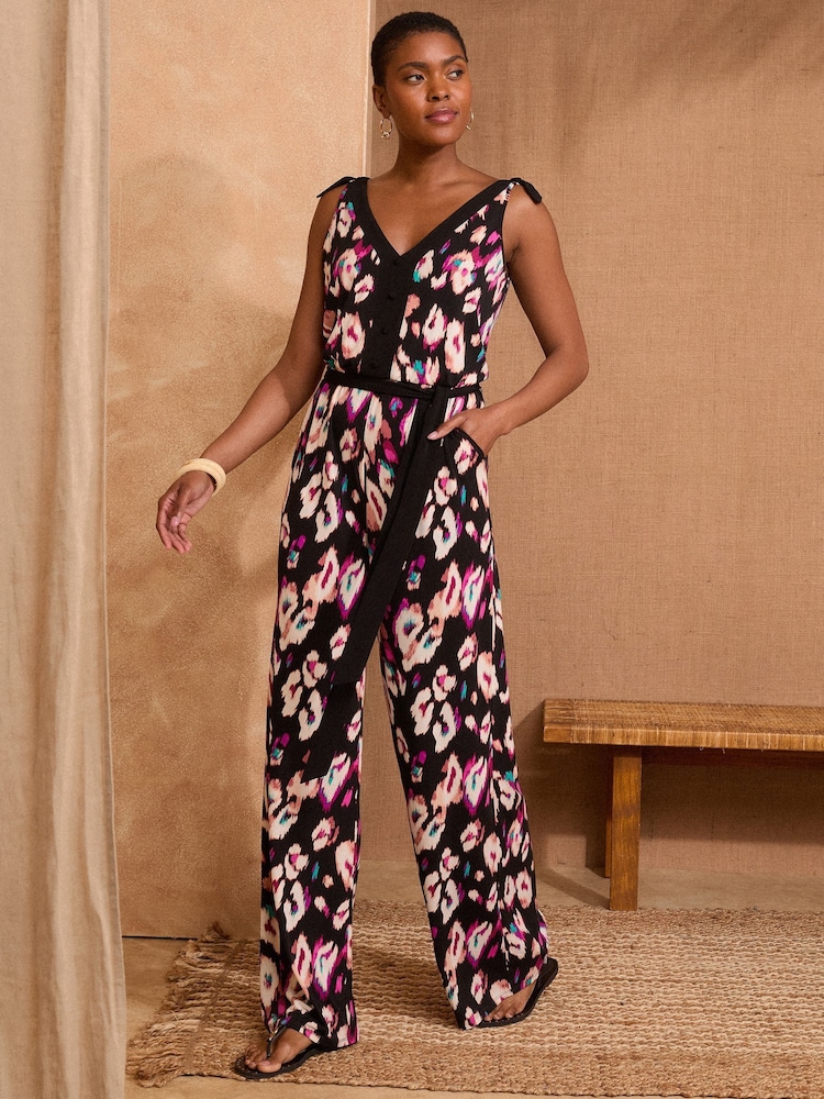 Love & Roses Black Animal Print Jersey Belted Jumpsuit - Image 1 of 4